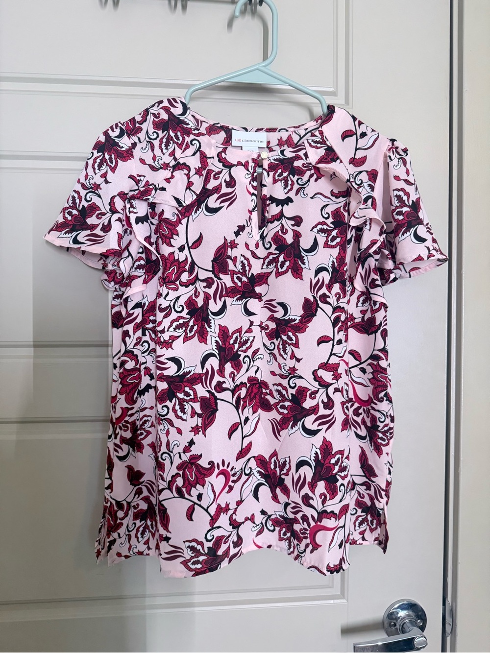 Liz Claiborne Pink Floral Ruffled Keyhole Blouse